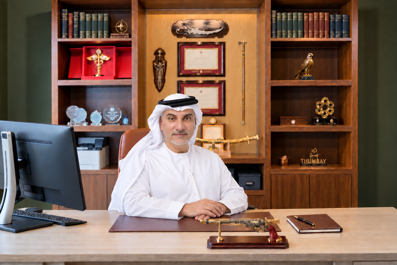 Dr AbdulRahman AlBlooshi seated at his desk in traditional Emirati attire